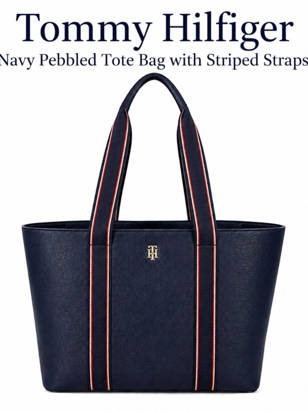 Tommy Hilfiger Navy Blue Tote Bag Striped Straps Large Everyday Bag